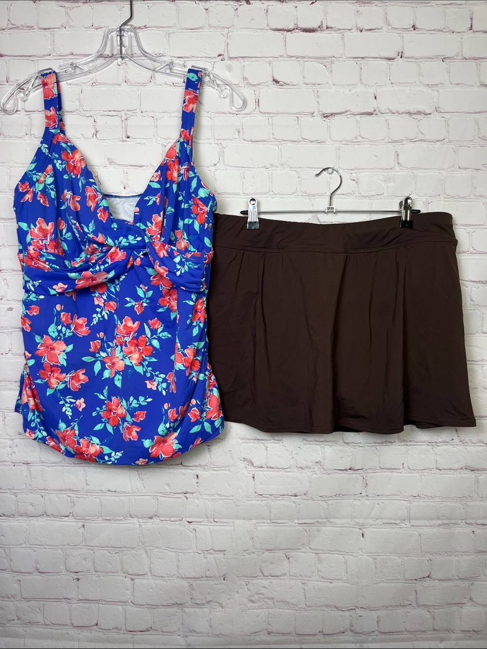 Lands' End Floral Tankini Top with Brown Skort Swim Set